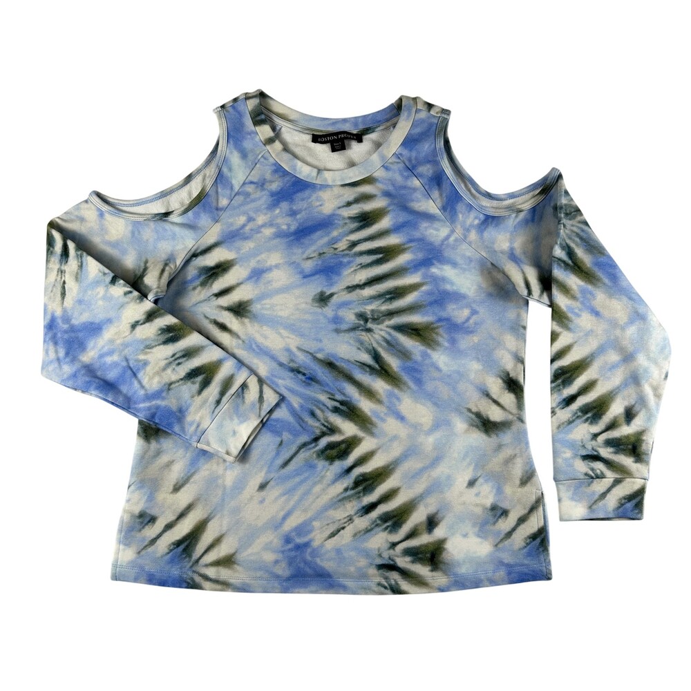 Boston Proper Shirt Womens Small Blue Tie Dye Cold Shoulder Long Sleeve Top